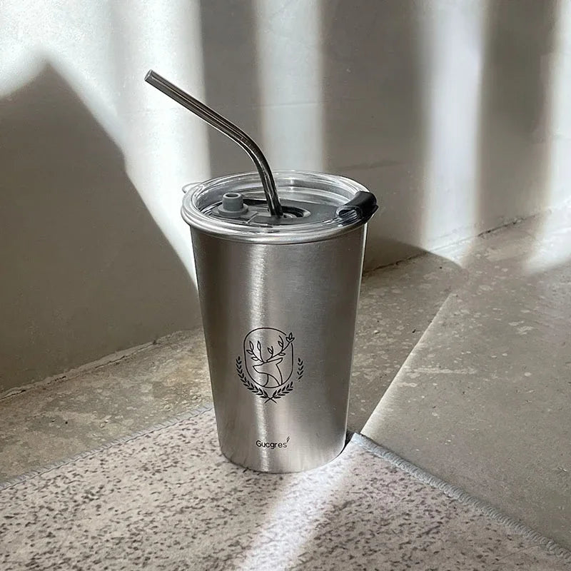 Industrial Style 304 Stainless Steel Household Beer Mugs Anti-drop Teacups Simple Net Red Coffee Cups Straw Cups Fast Chilling