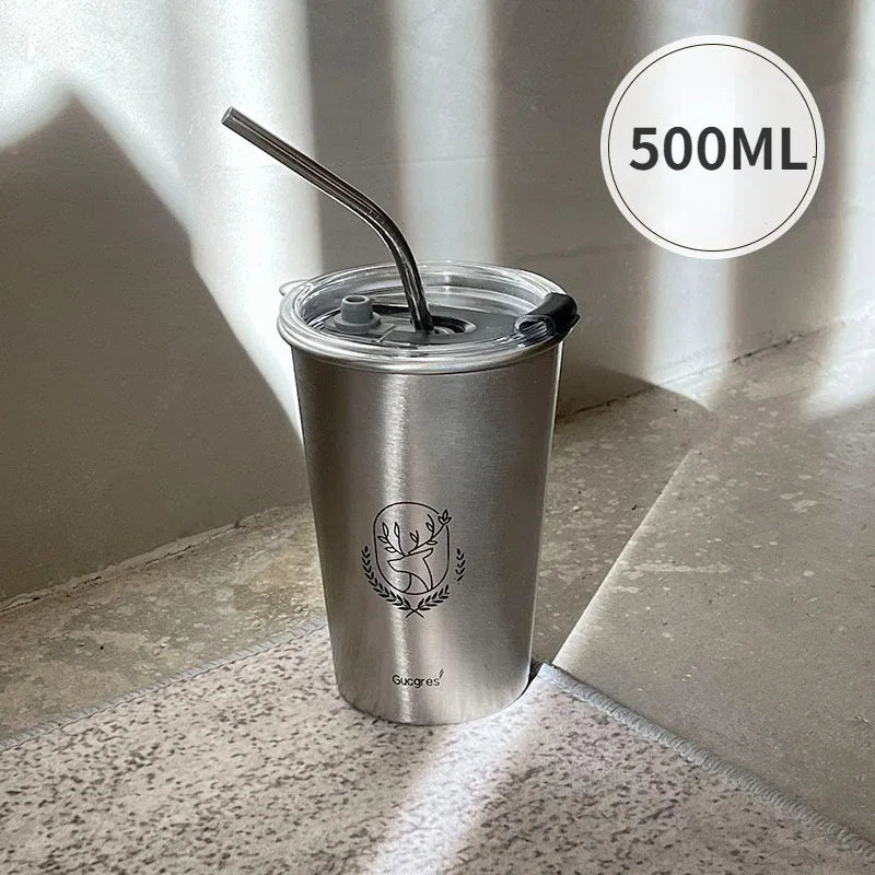 Industrial Style 304 Stainless Steel Household Beer Mugs Anti-drop Teacups Simple Net Red Coffee Cups Straw Cups Fast Chilling