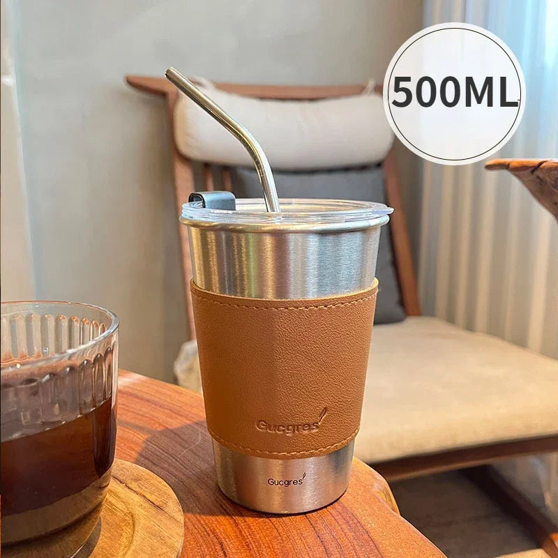 Industrial Style 304 Stainless Steel Household Beer Mugs Anti-drop Teacups Simple Net Red Coffee Cups Straw Cups Fast Chilling