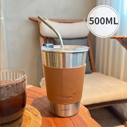 Industrial Style 304 Stainless Steel Household Beer Mugs Anti-drop Teacups Simple Net Red Coffee Cups Straw Cups Fast Chilling